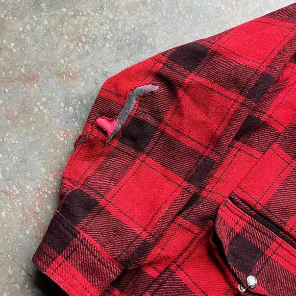 Vintage Filson Garment Red Black Plaid Wool Mackinaw Cruiser Jacket Men REPAIRS - Picture 5 of 7